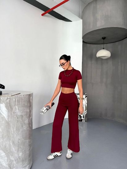 Osy Modal Yumuşak Dokulu Kumaş Kısa Kollu Crop Alt Ispanyol Paça Pantalon Ikili Takım - Bordo resmi